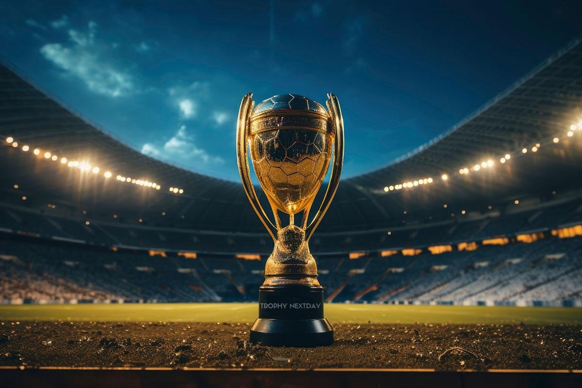 Gold trophy cup in a floodlit stadium – Trophy Next Day, Newcastle-under-Lyme