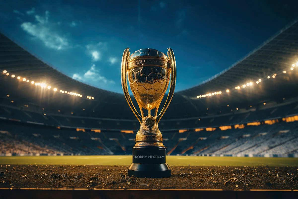 Gold trophy cup in a floodlit stadium – Trophy Next Day, Newcastle-under-Lyme