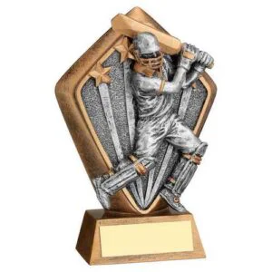 Brz~Gold Diamond Holder With Cricket Batsman Disc With Plate trophy (5.25")